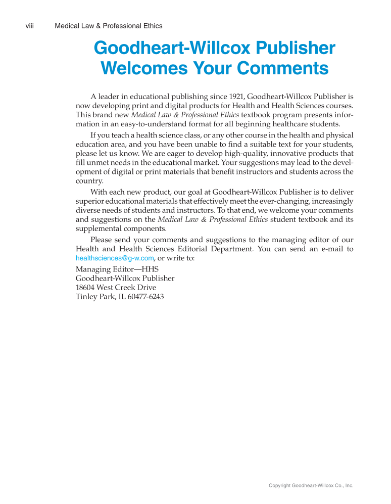 Medical Law & Professional Ethics, 1st Edition page viii