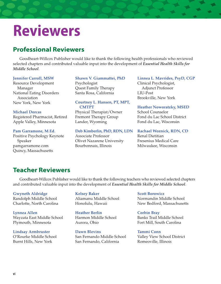 Essential Health Skills for Middle School 2e page vi