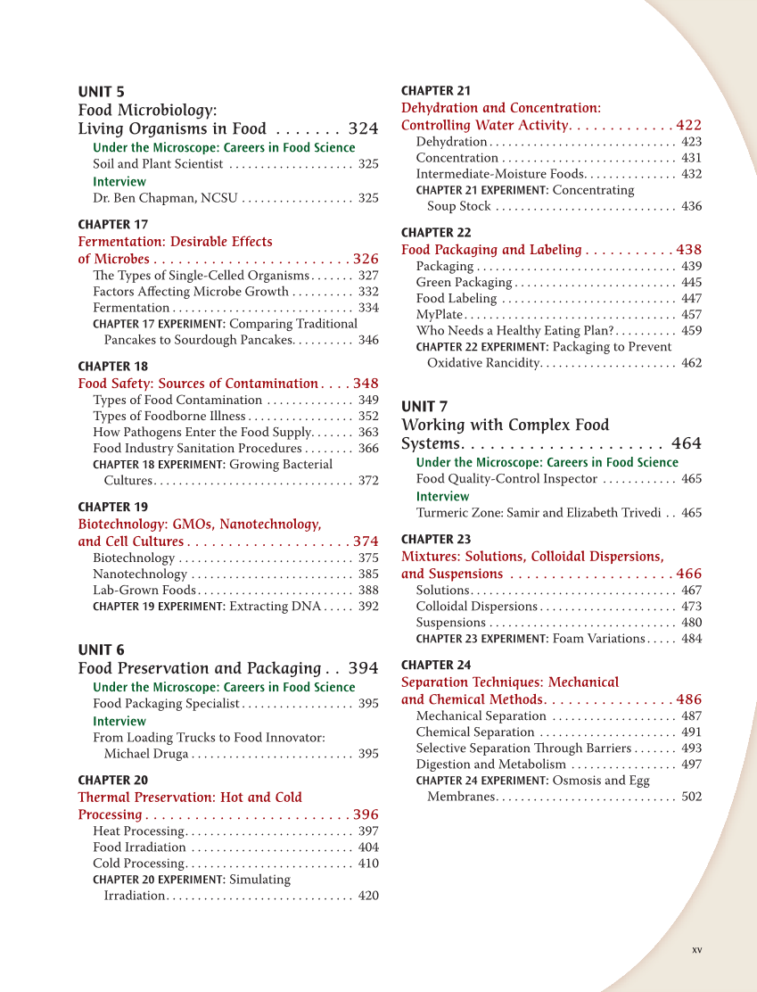 Principles of Food Science 5e, Textbook page xv