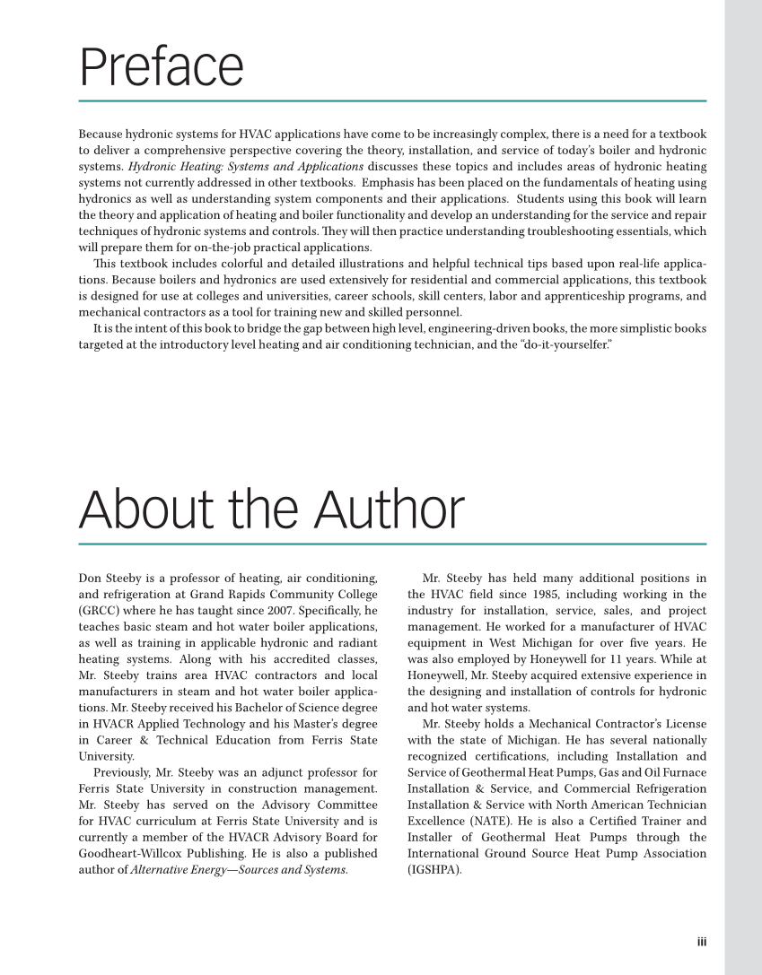 Hydronic Heating: Systems and Applications, Textbook page iii