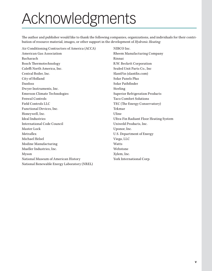 Hydronic Heating: Systems and Applications, Textbook page v