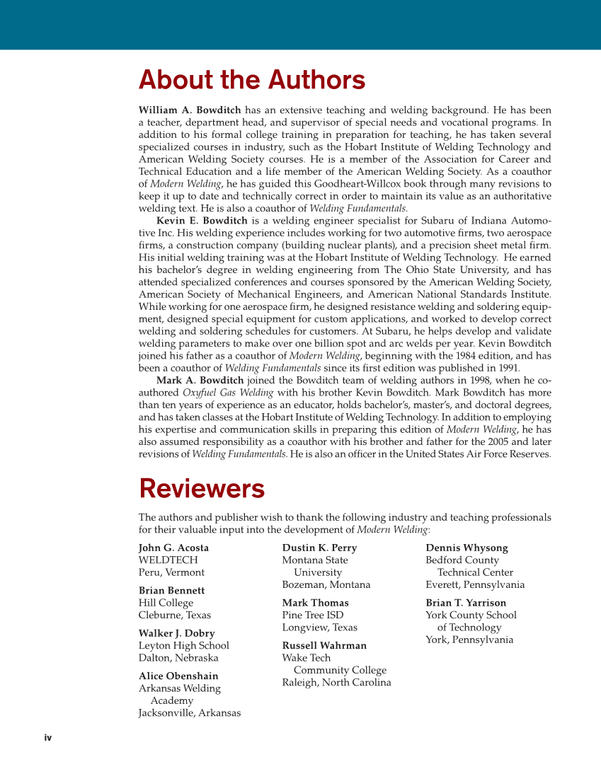 Modern Welding, 12th Edition page iv