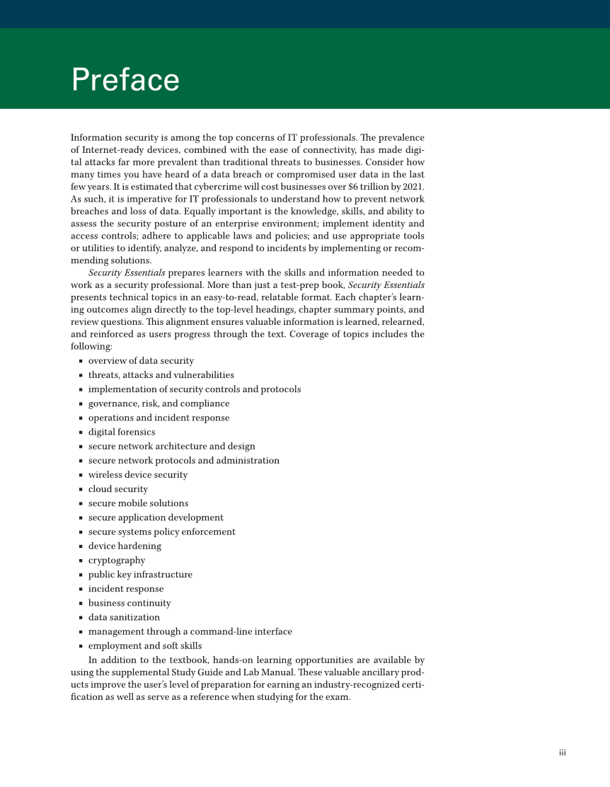 Security Essentials, Textbook page iii