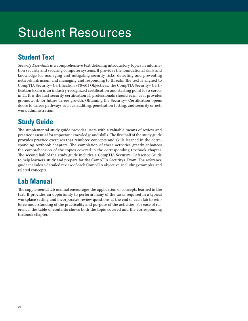 Security Essentials, Textbook page vi