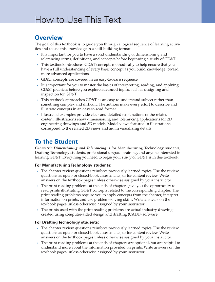 Geometric Dimensioning and Tolerancing: Principles and Practices 10e, Textbook page v