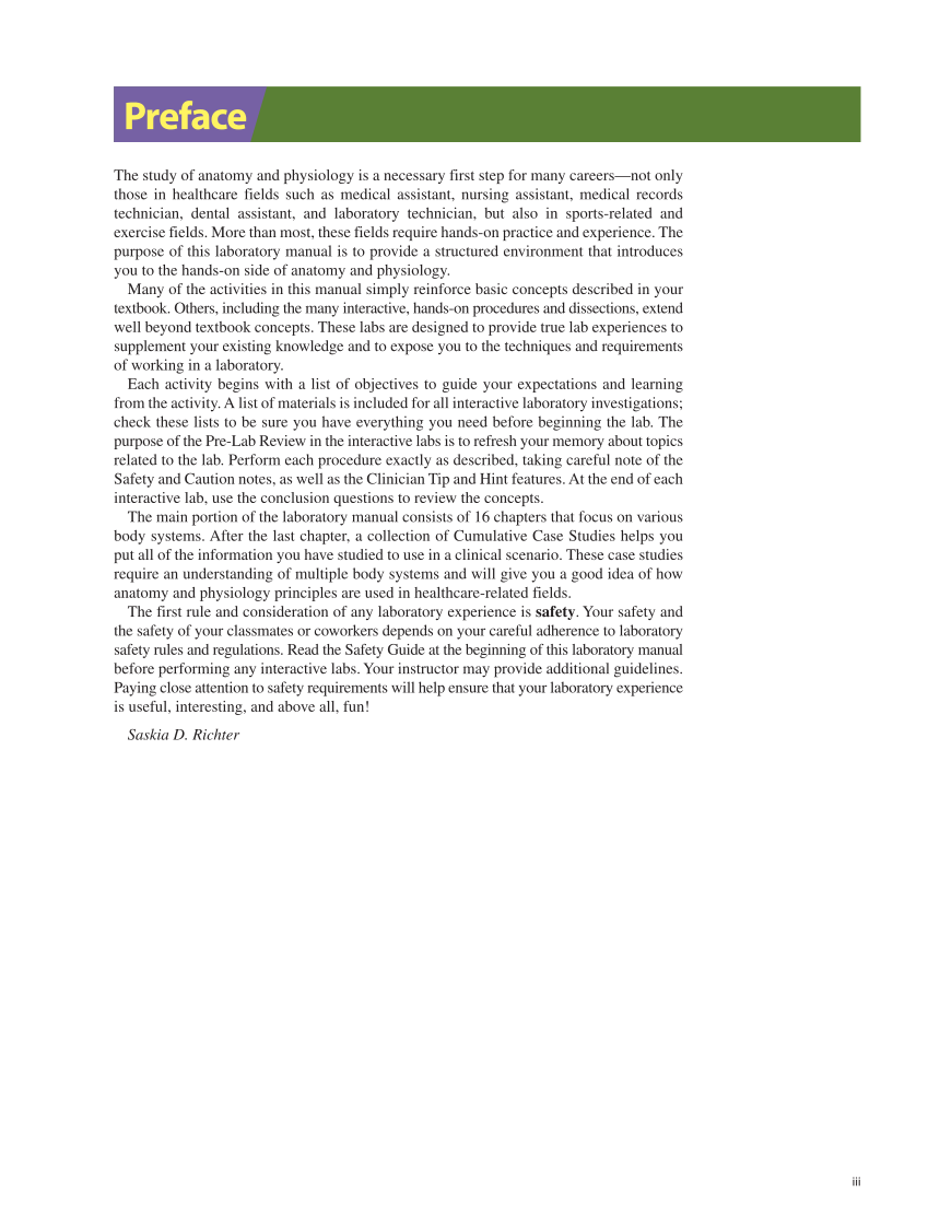 Anatomy & Physiology Essentials 2e, Laboratory Manual page iii