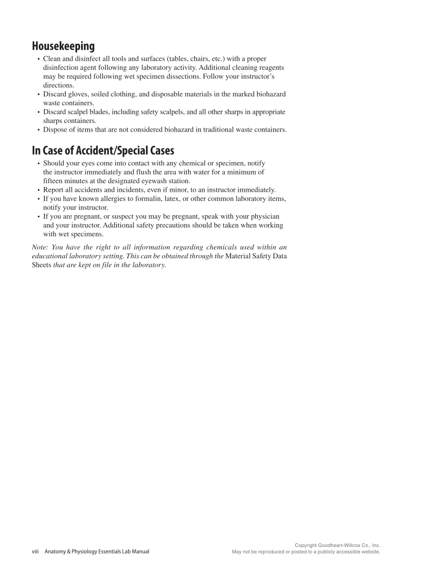 Anatomy & Physiology Essentials 2e, Laboratory Manual page viii