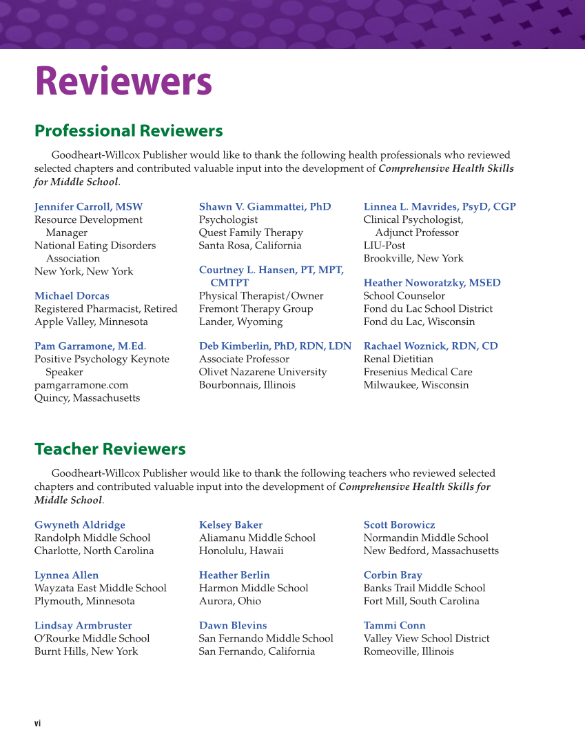 Comprehensive Health Skills for Middle School 2e page vi