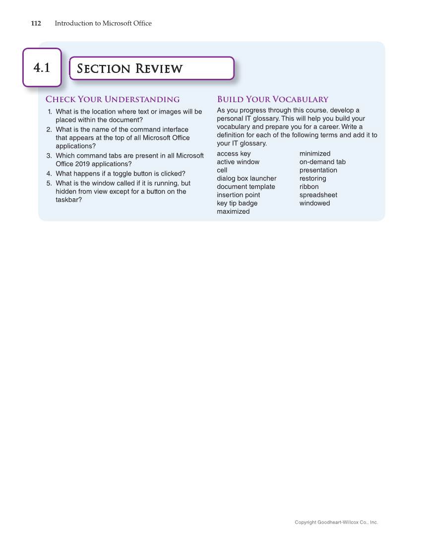 Introduction to Microsoft Office 2019, 2nd Edition page 112