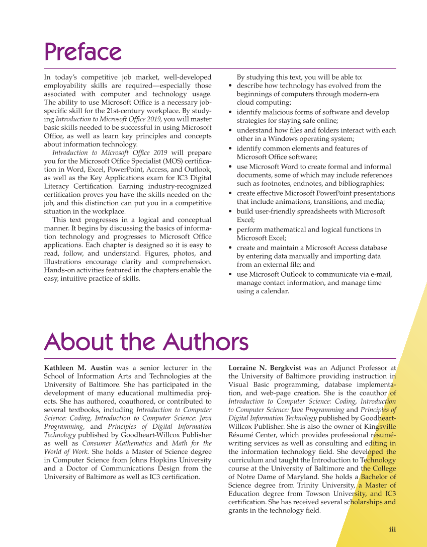 Introduction to Microsoft Office 2019, 2nd Edition page iii