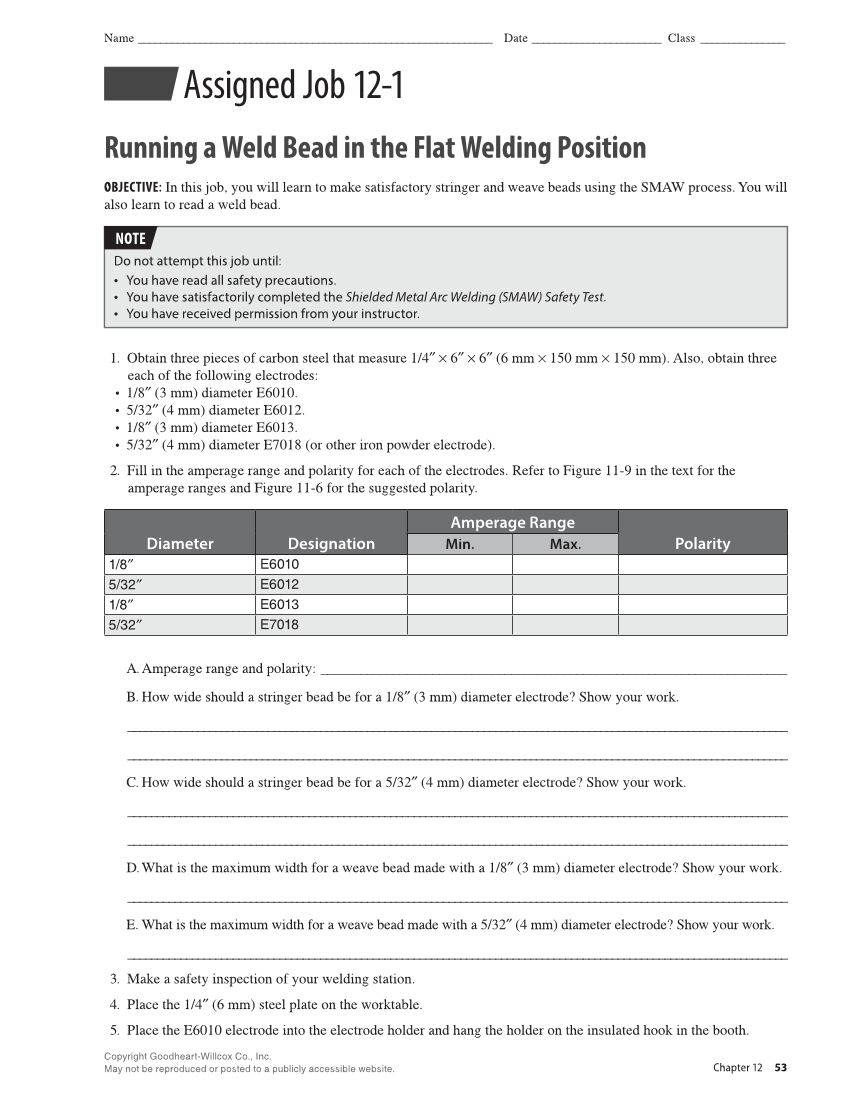 Welding Fundamentals 6e, Lab Workbook page 53