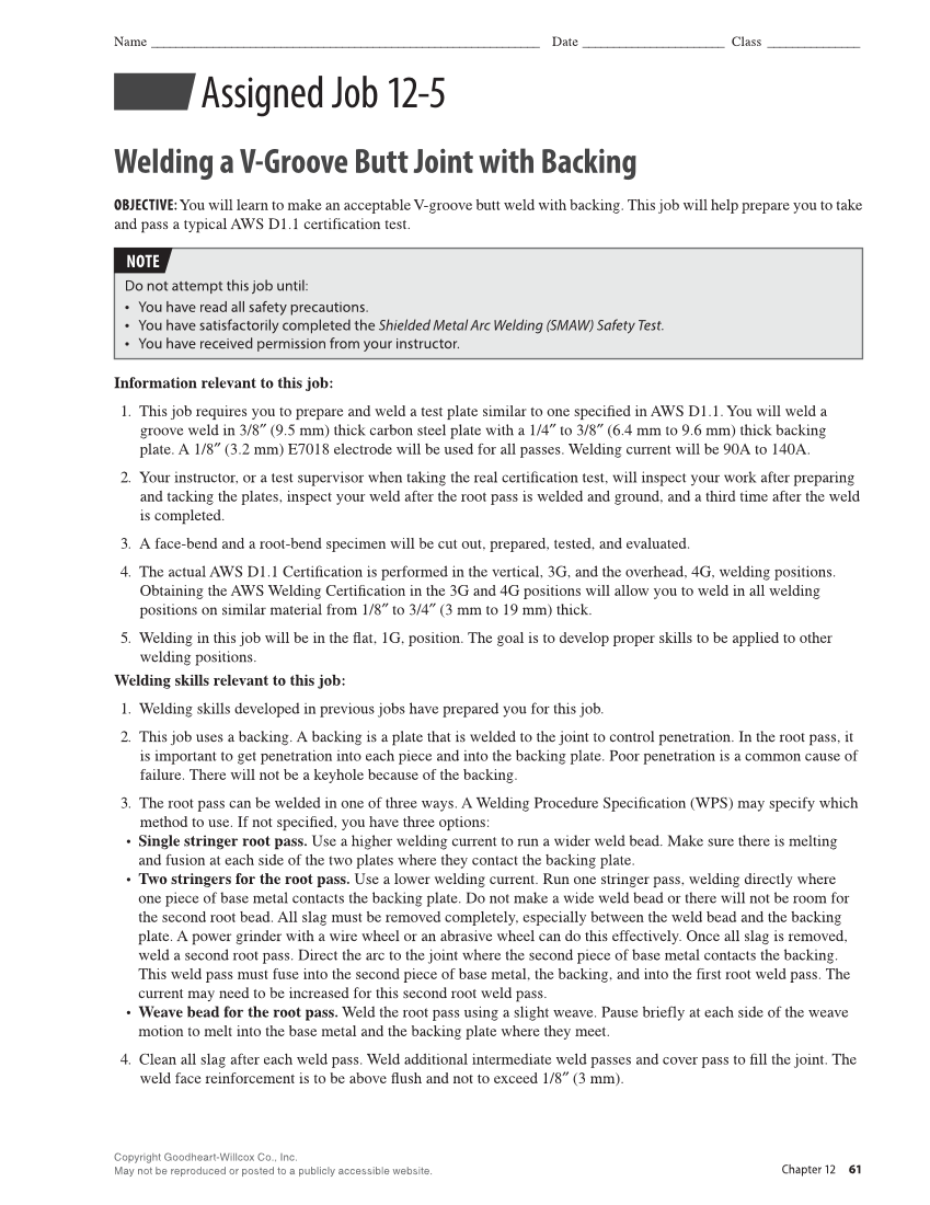 Welding Fundamentals 6e, Lab Workbook page 61