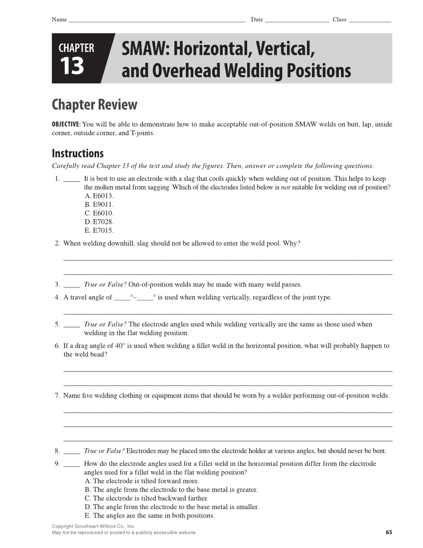 Welding Fundamentals 6e, Lab Workbook page 65