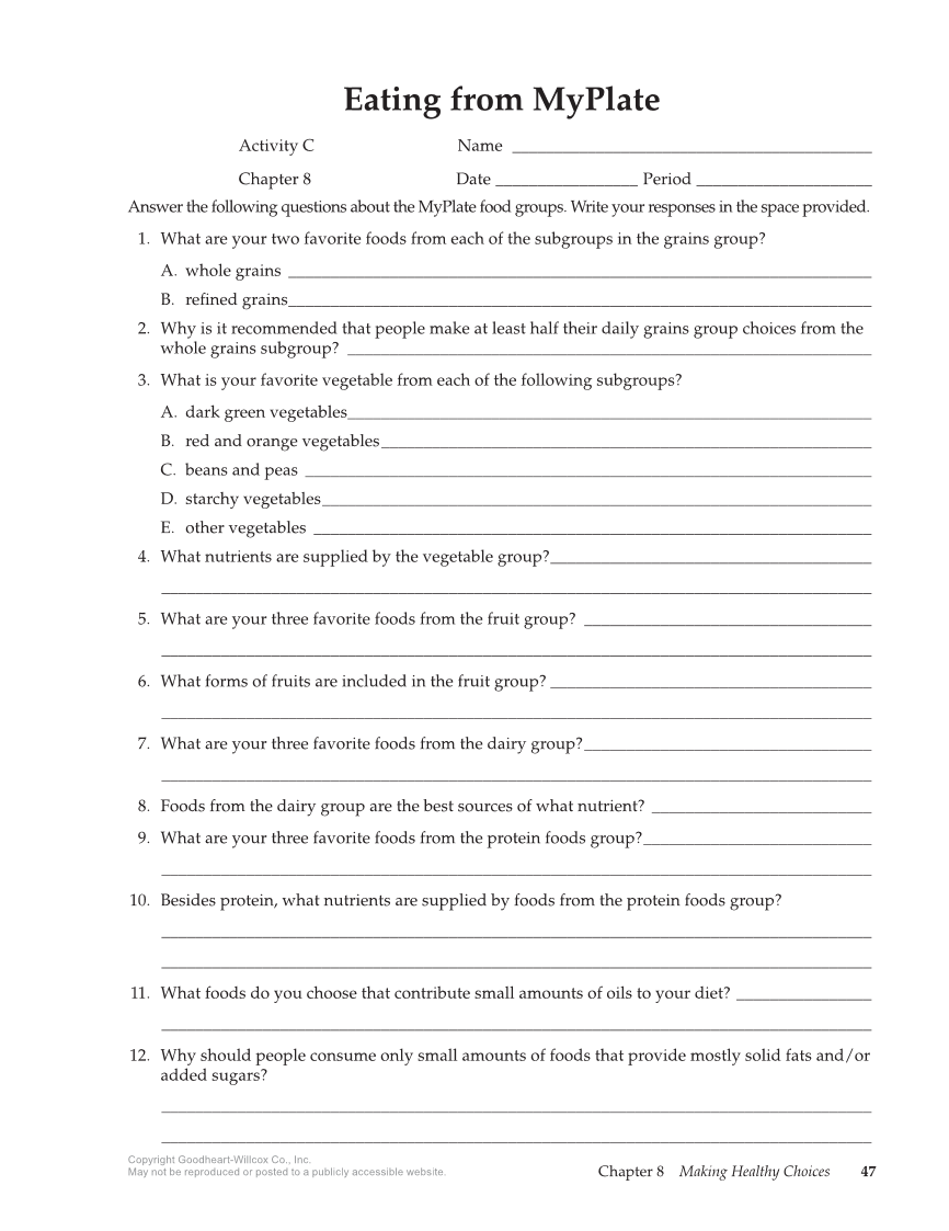Guide to Good Food: Nutrition and Food Preparation 15e, Workbook page 47