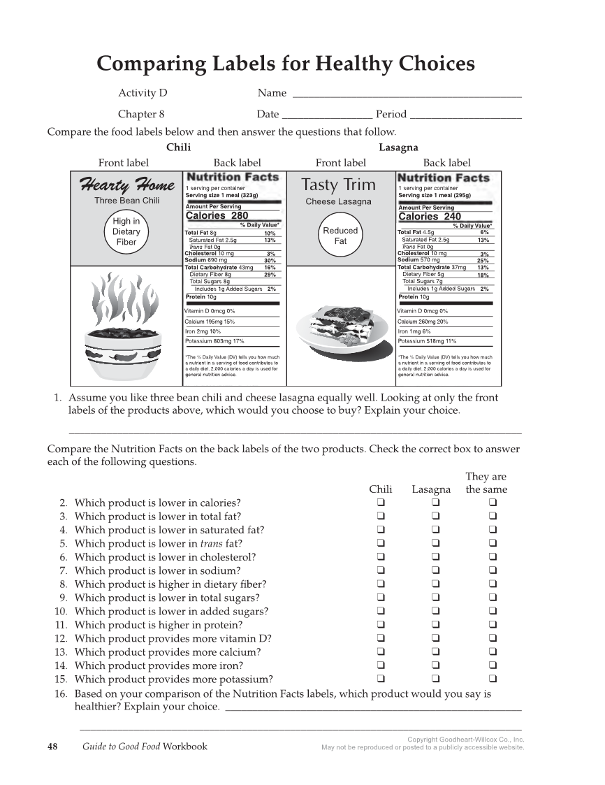 Guide to Good Food: Nutrition and Food Preparation 15e, Workbook page 48