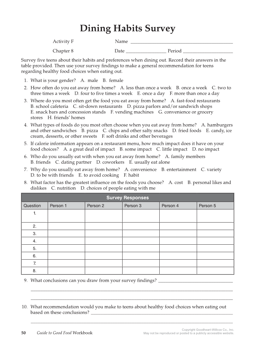 Guide to Good Food: Nutrition and Food Preparation 15e, Workbook page 50