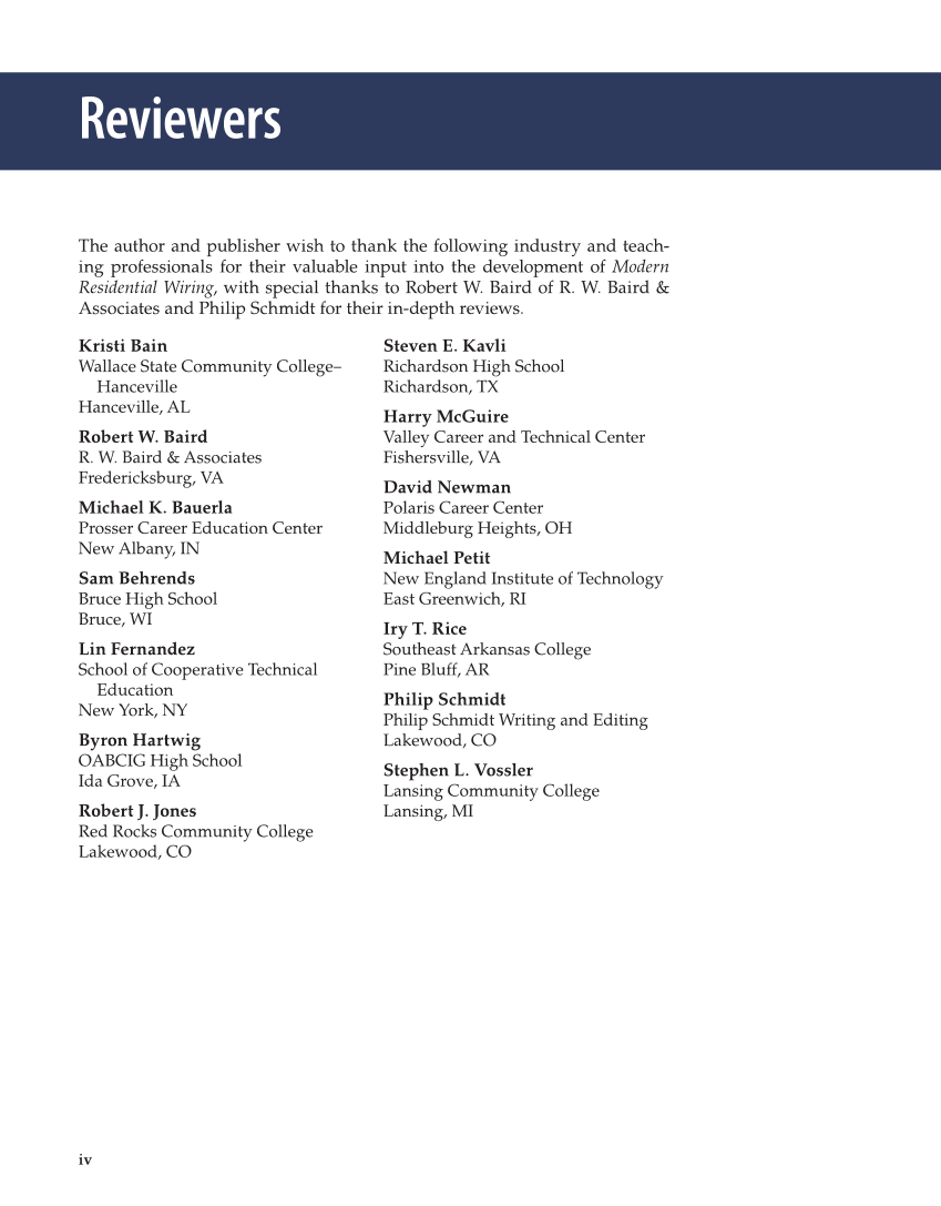 Modern Residential Wiring, 12th Edition page iv