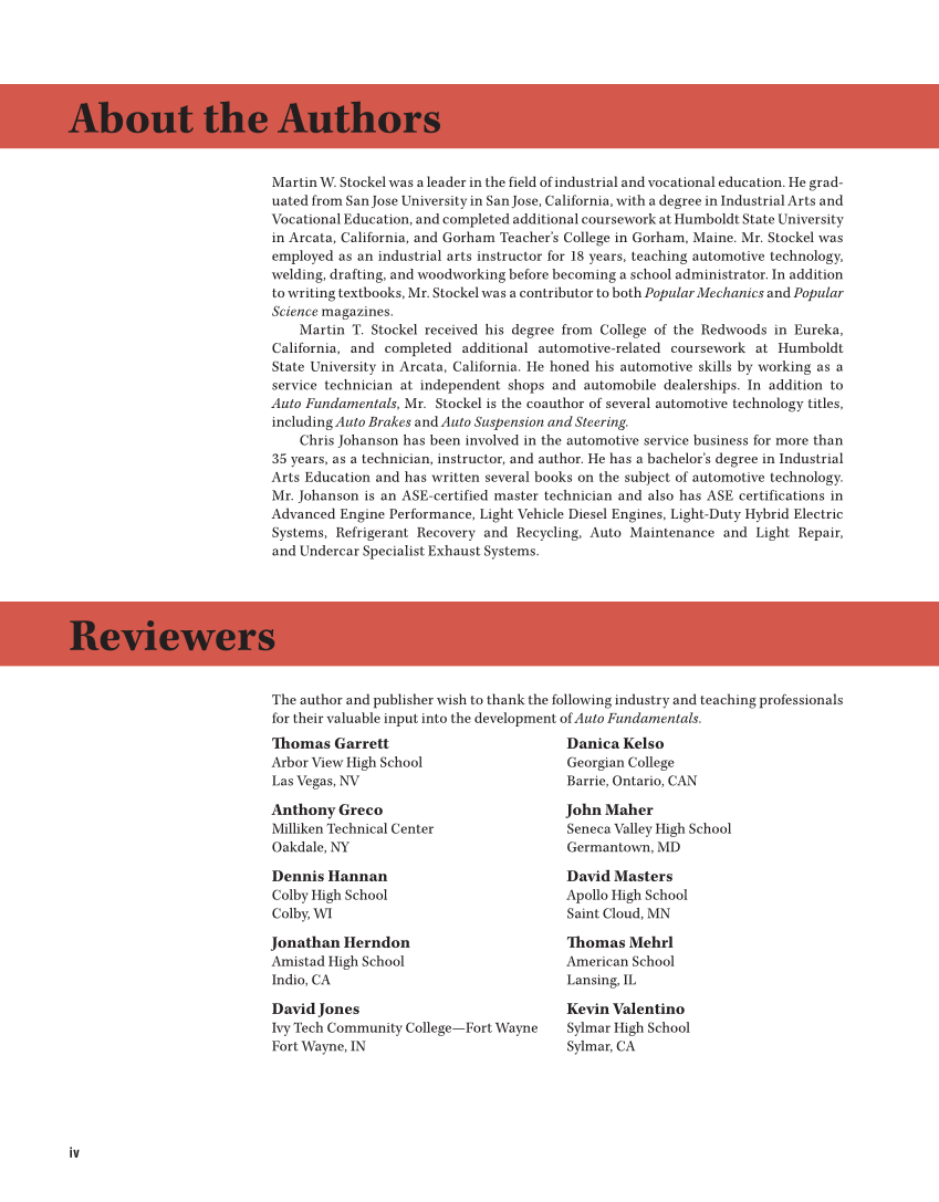 Auto Fundamentals, 12th Edition page iv