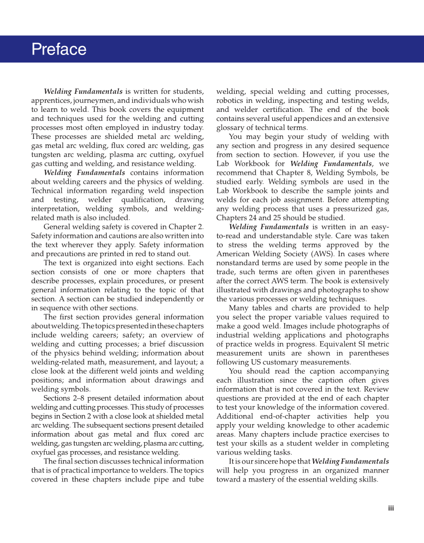 Welding Fundamentals 6e, Textbook page iii