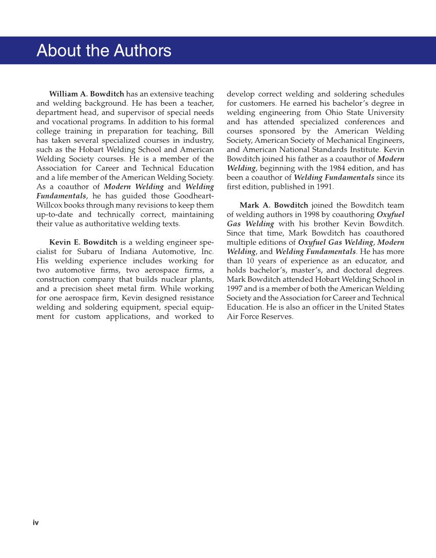 Welding Fundamentals 6e, Textbook page iv