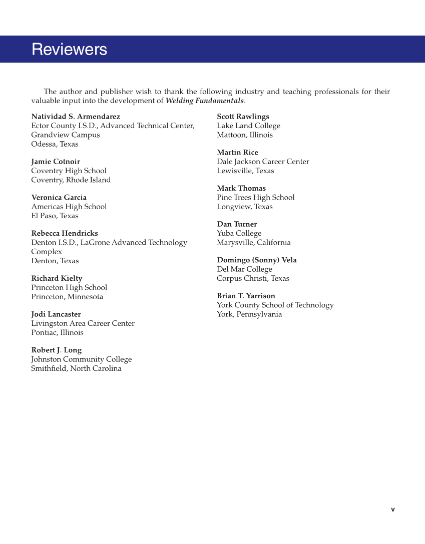Welding Fundamentals 6e, Textbook page v