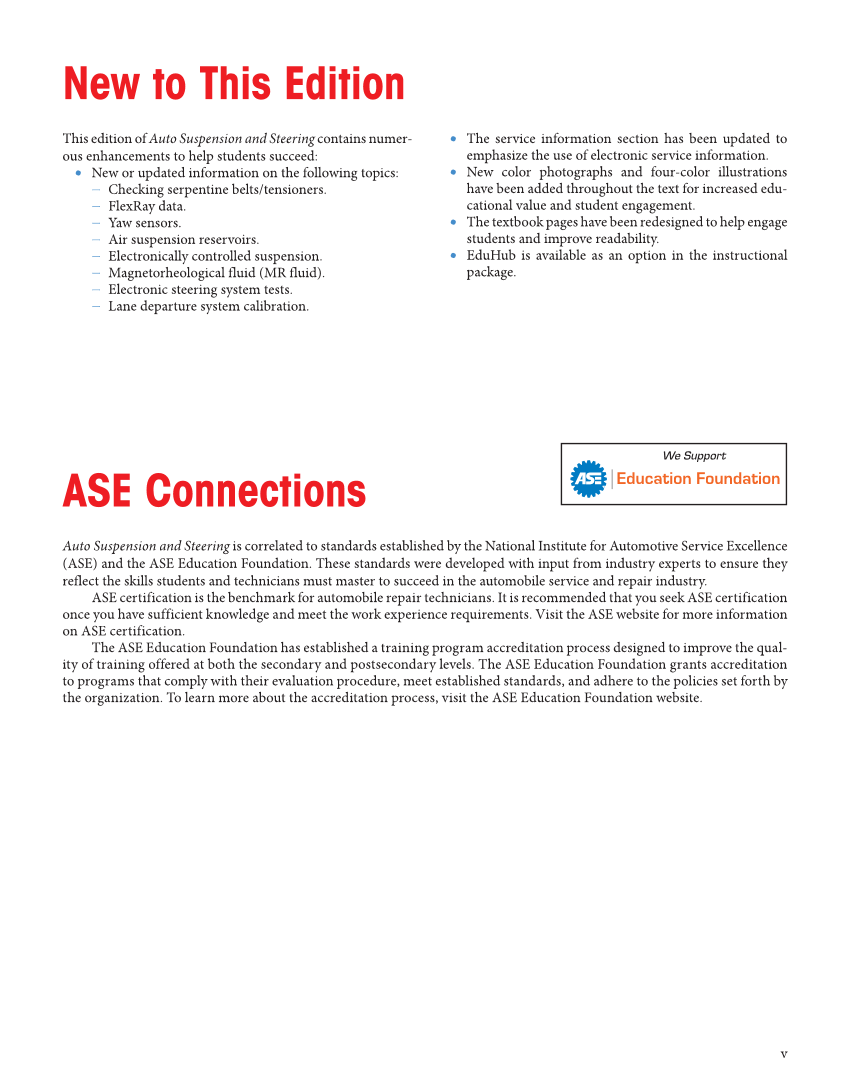 Auto Suspension and Steering, 5th Edition, Online Textbook page v