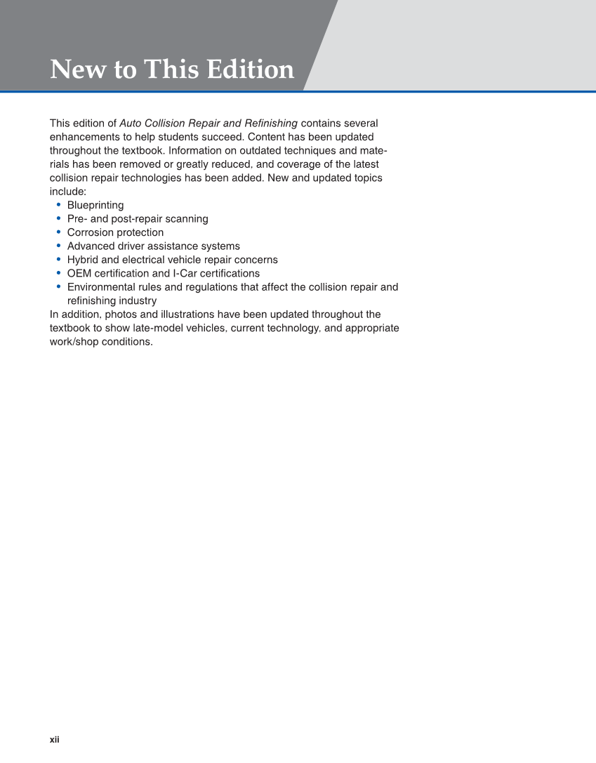 Auto Collision Repair and Refinishing 3e, Online Textbook page xii