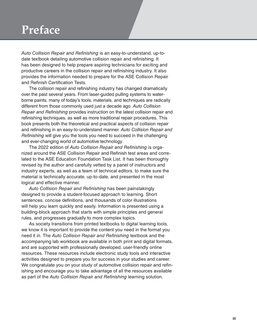 Auto Collision Repair and Refinishing 3e, Online Textbook page iii
