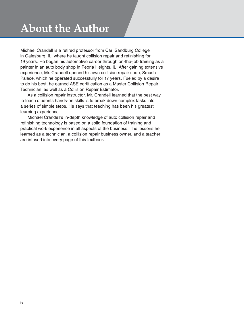 Auto Collision Repair and Refinishing 3e, Online Textbook page iv
