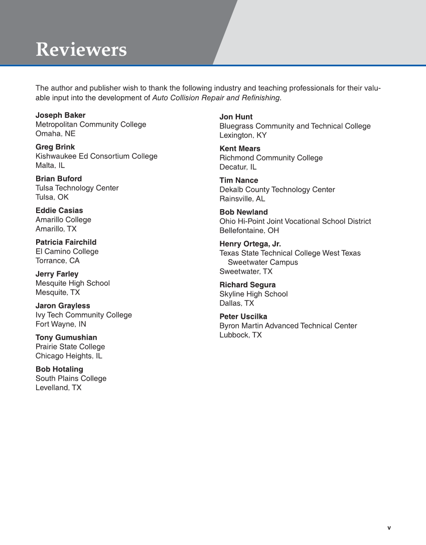 Auto Collision Repair and Refinishing 3e, Online Textbook page v