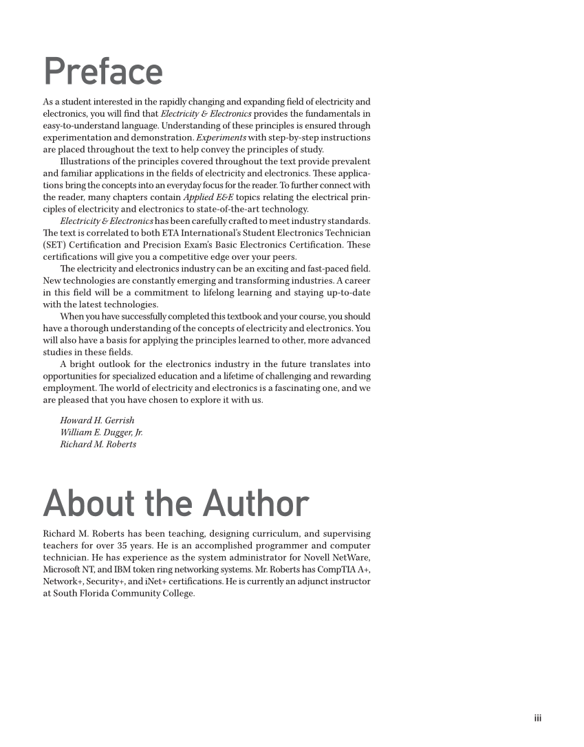 Electricity and Electronics, 11th Edition page iii