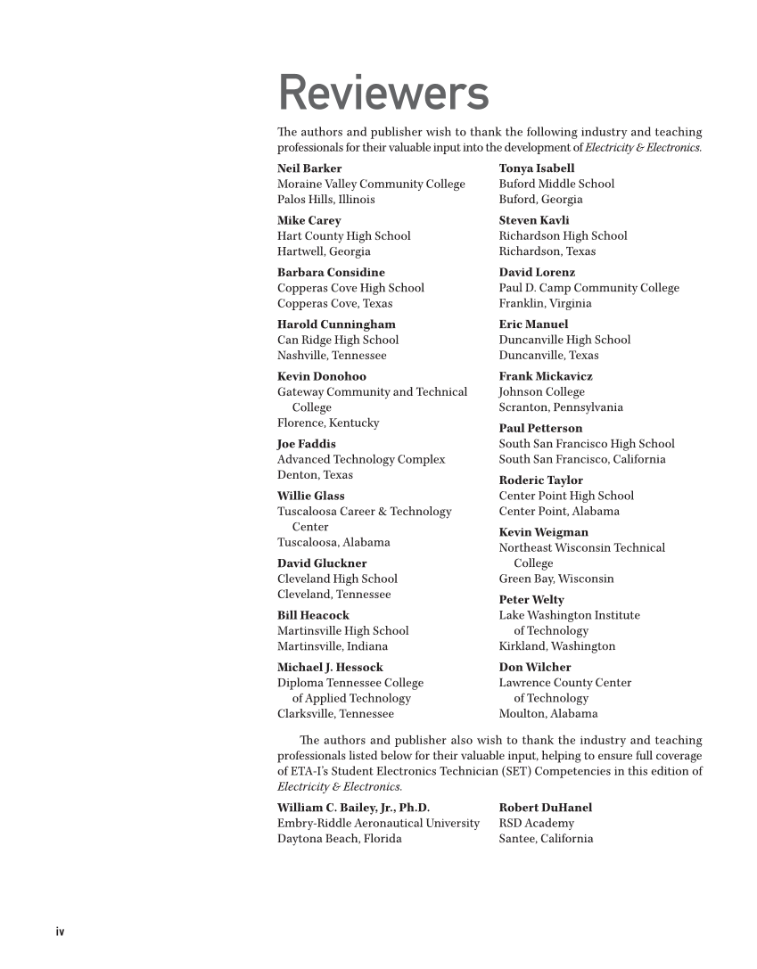 Electricity and Electronics, 11th Edition page iv