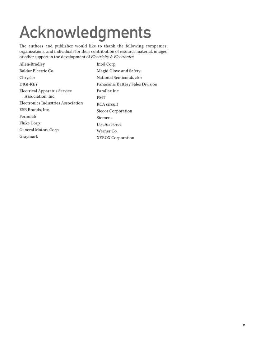 Electricity and Electronics, 11th Edition page v