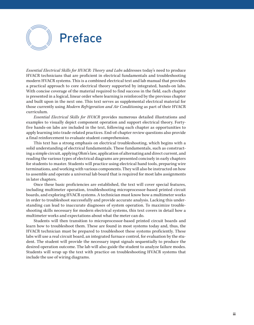 Essential Electrical Skills for HVACR: Theory and Labs, Textbook page iii