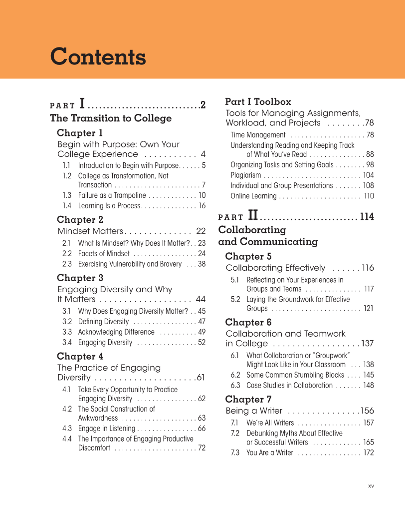 Approaching College with Purpose, Textbook page xv