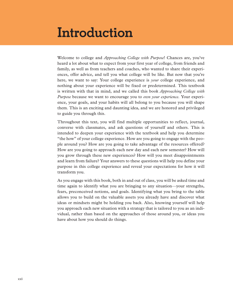 Approaching College with Purpose, Textbook page xxii