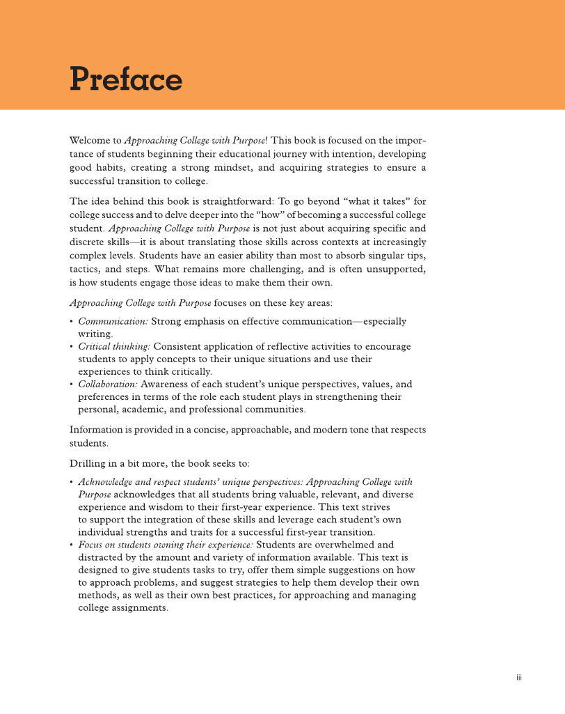 Approaching College with Purpose, Textbook page iii