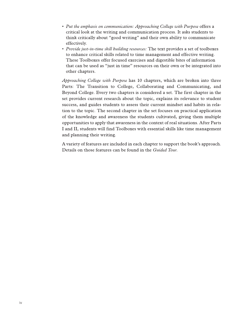 Approaching College with Purpose, Textbook page iv