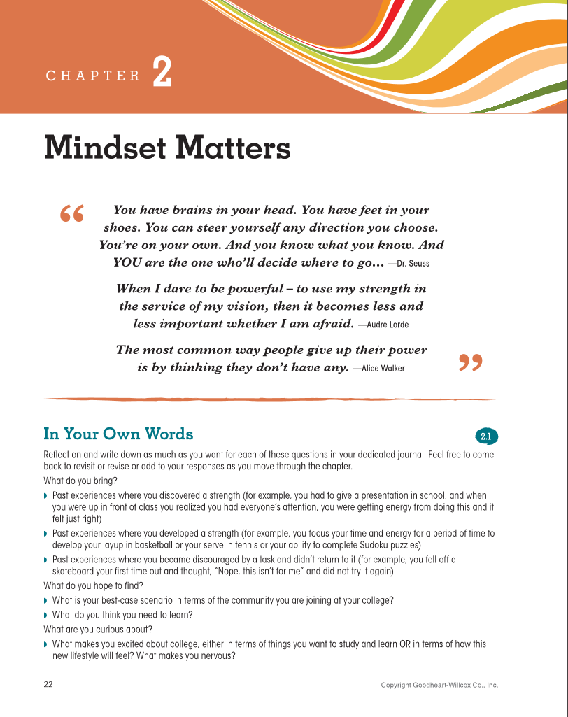 Approaching College with Purpose, Textbook page 22