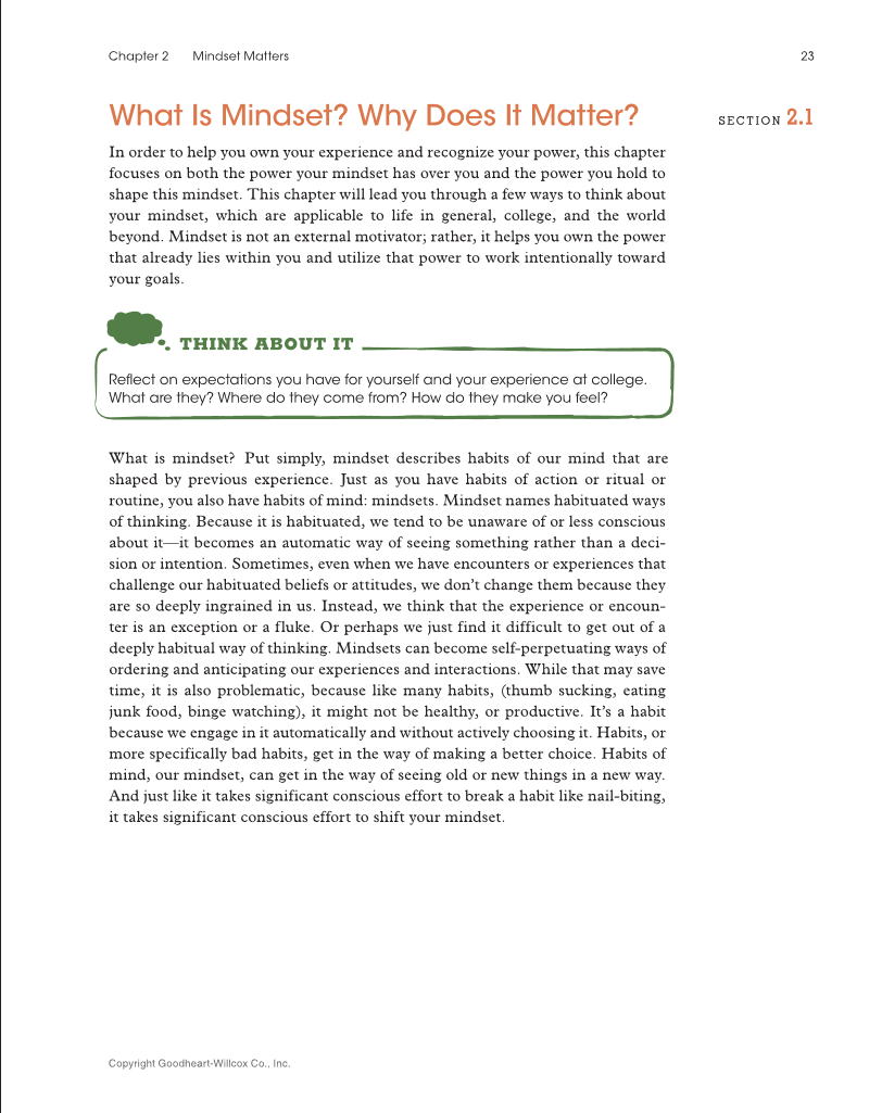 Approaching College with Purpose, Textbook page 23