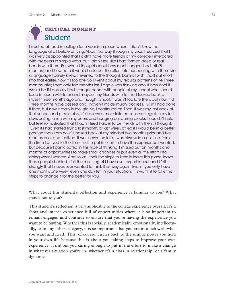Approaching College with Purpose, Textbook page 31