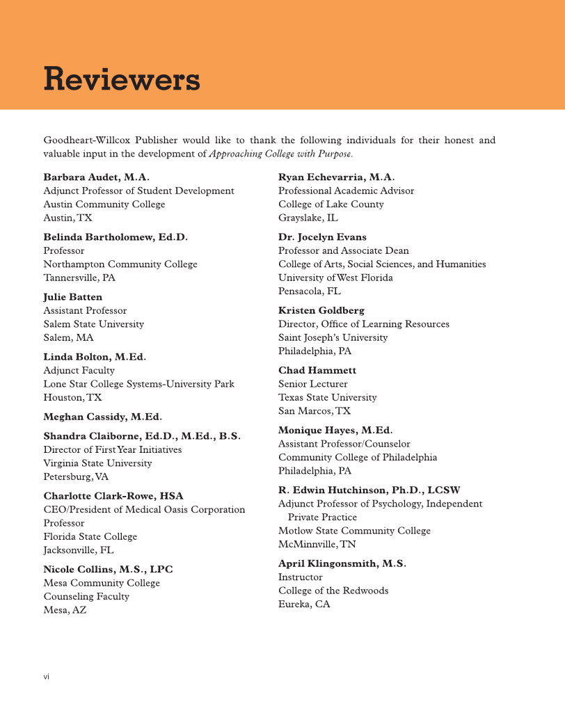 Approaching College with Purpose, Textbook page vi