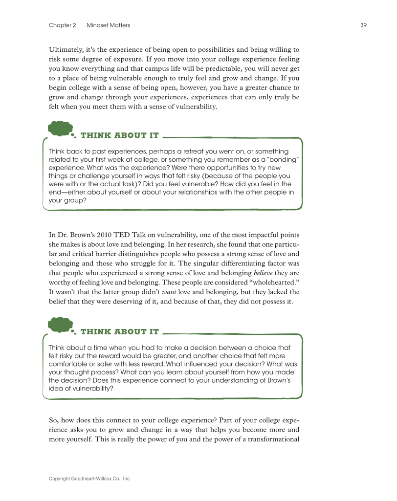 Approaching College with Purpose, Textbook page 39