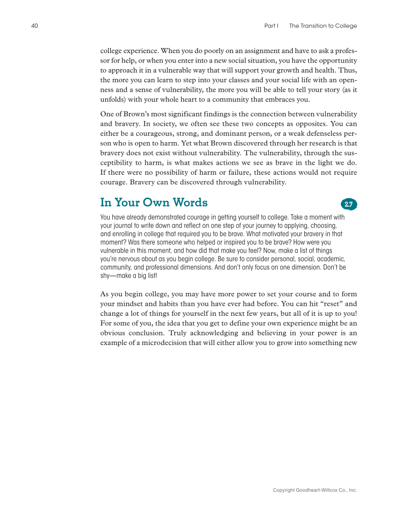 Approaching College with Purpose, Textbook page 40