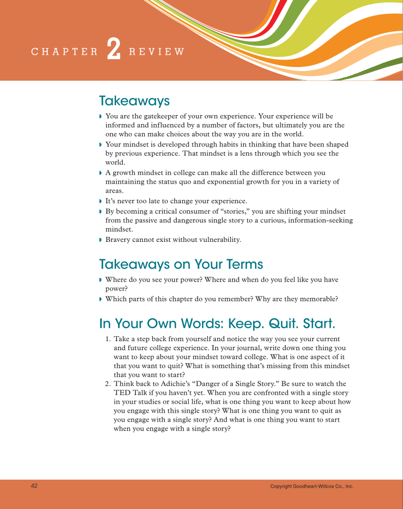 Approaching College with Purpose, Textbook page 42