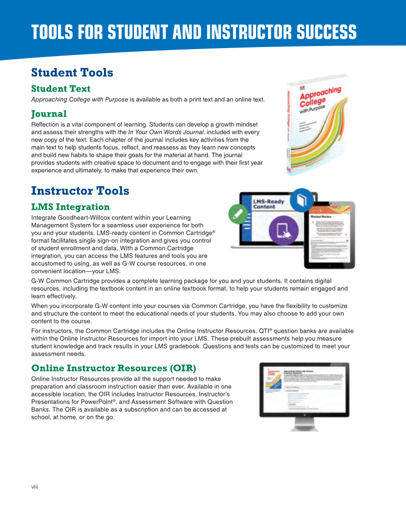 Approaching College with Purpose, Textbook page viii