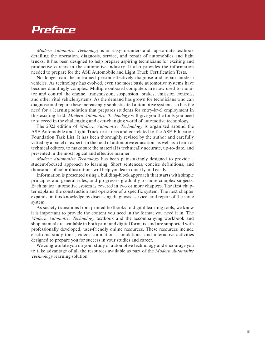 Modern Automotive Technology 10e, Textbook page iii