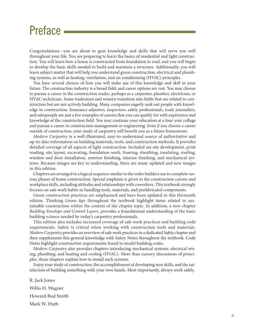 Modern Carpentry 13e, Textbook page iii