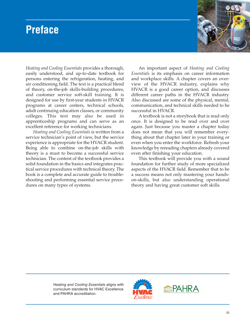 Heating and Cooling Essentials 5e, Textbook page iii