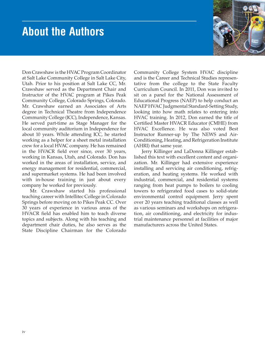 Heating and Cooling Essentials 5e, Textbook page iv